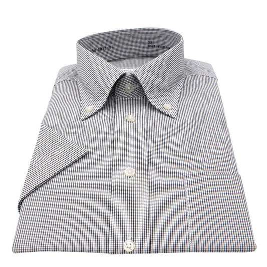 non brand 半袖ワイシャツ・形態安定加工/綿・再生ポリエステル/ブラックミニチェック・ボタンダウン