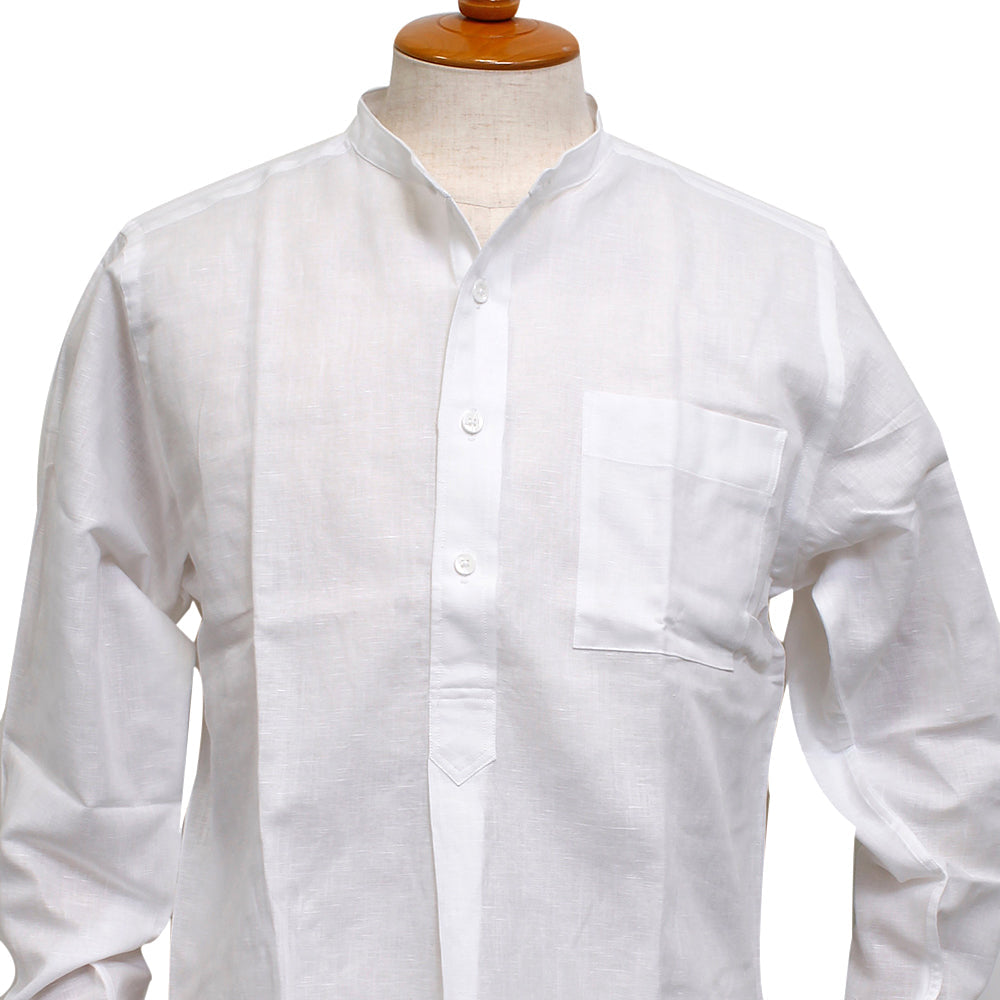 Antonucci ホワイト綿麻プルオーバーシャツ バンドカラーシャツ