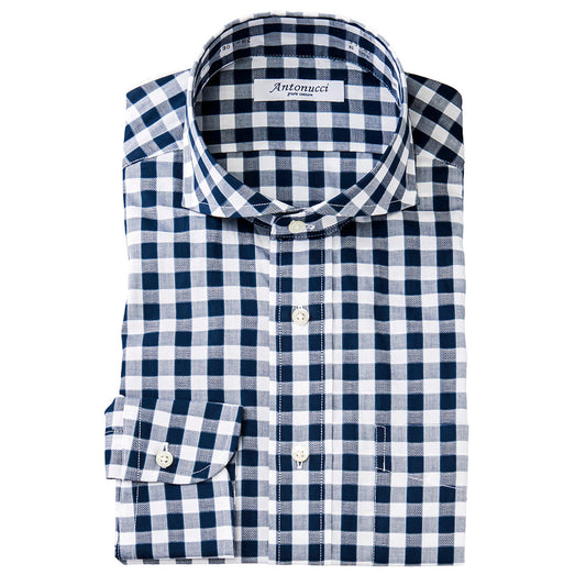 AntonucciPureCotton 綿100%ネイビーブロックチェック・カッタウェイ