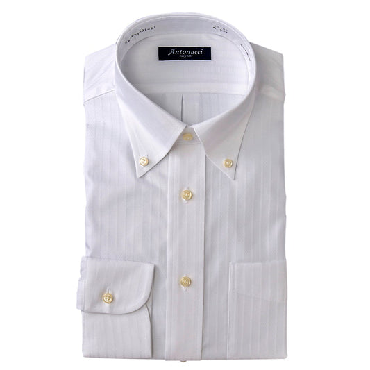 AntonucciEasycare 綿100%イージーケア加工-白/ドビーストライプ・ボタンダウン