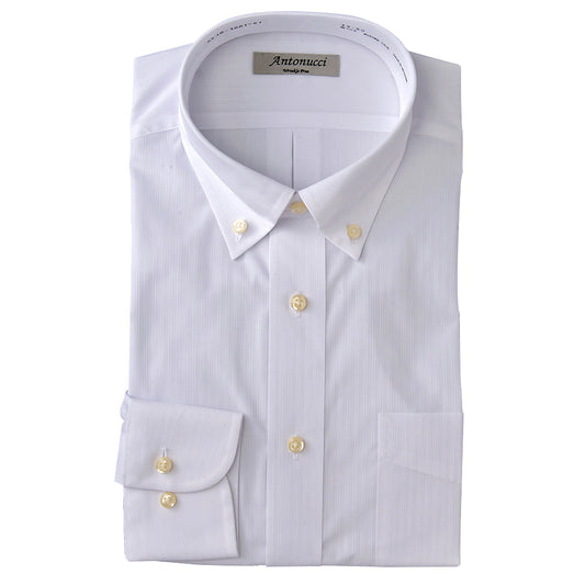 Antonucci Wrinkle free 綿・ポリエステル形態安定加工-白/ダブルストライプ・ボタンダウン