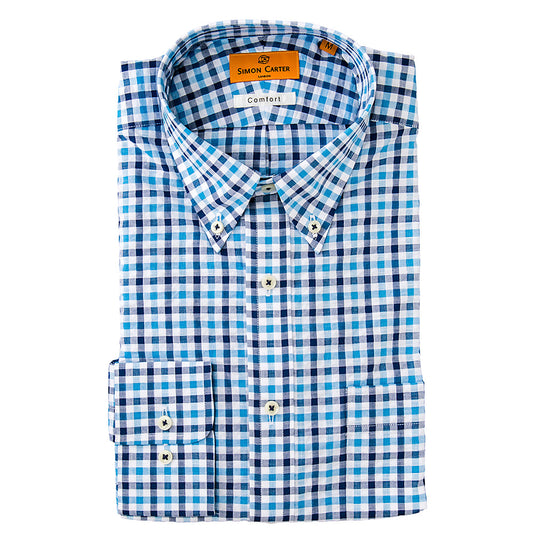 SimonCarterサイモンカータ 綿100%・ブルー・グラフチェック・ボタンダウン