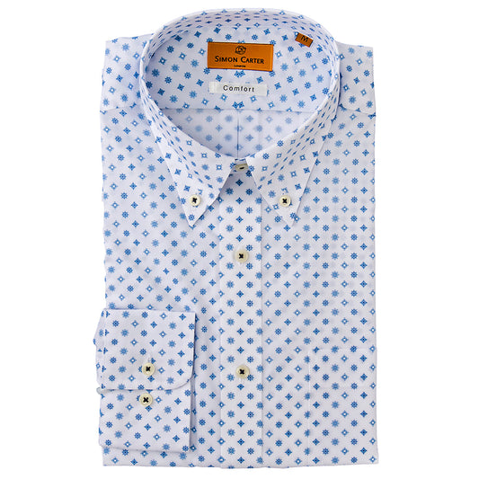 SimonCarterサイモンカータ 綿100%・ブルー・小紋柄プリント・ボタンダウン