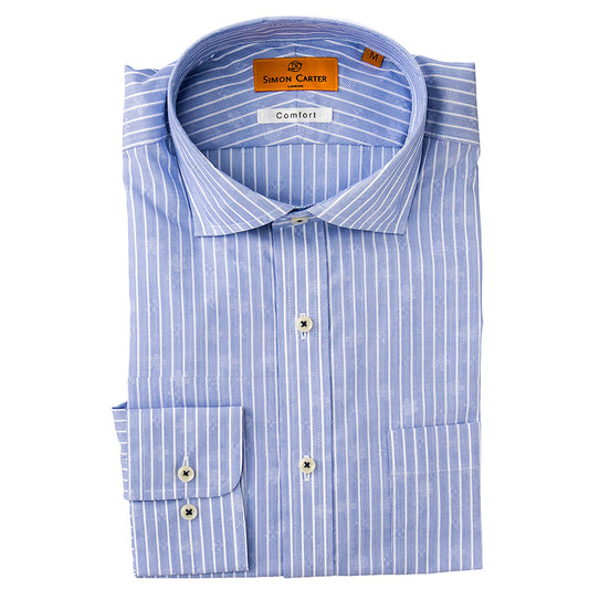 SimonCarterサイモンカータ 綿100%・ブルー・柄ドビーペンシルストライプ・ワイド